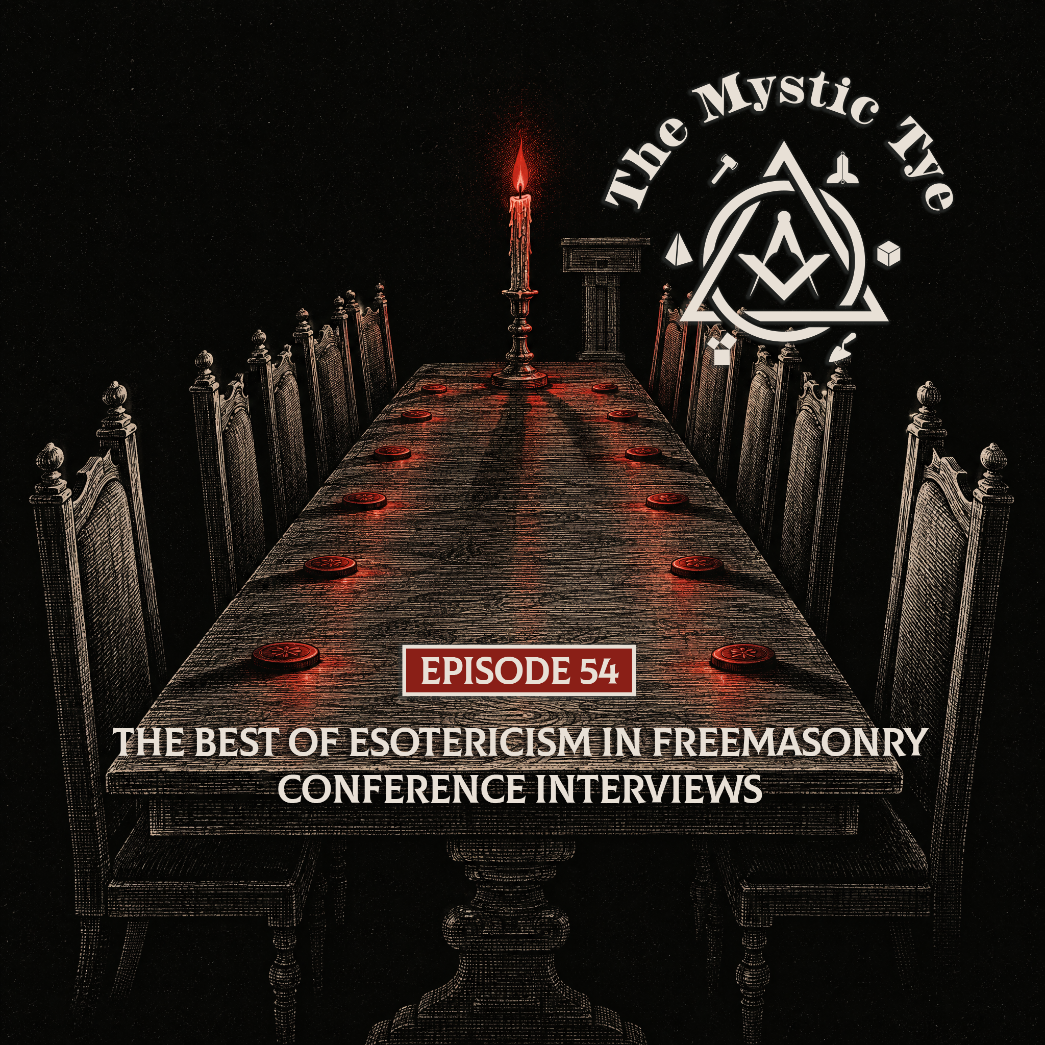 The Mystic Tye episode 54 cover art — “The Best of Esotericism in Freemasonry Conference Interviews” with Doug Russell, Dago Rodriguez, Ike Baker, Lon Milo DuQuette, Brett Wolfe, and Ken Lane